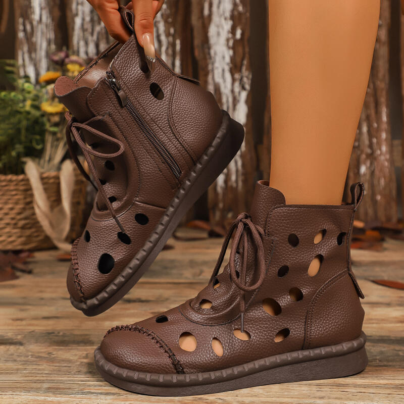 Fashion Vintage Breathable Hollowed Out Ankle Boots Women 2025 Autumn Retro Low Heel Solid Brown Boots Comfort Soft Sole Mom's Shoes
