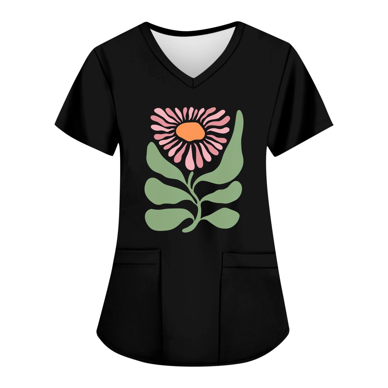 

Женские модные топы с короткими рукавами и V-образным вырезом с принтом, рабочие футболки с карманами L чёрный