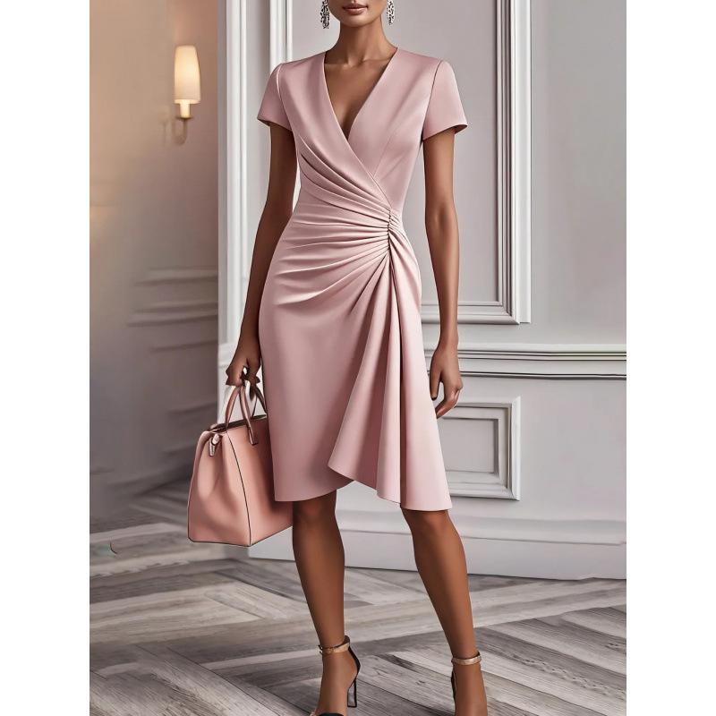 Women Fashion Cross V Neck Waisted Solid Short Sleeve Midi Dress S