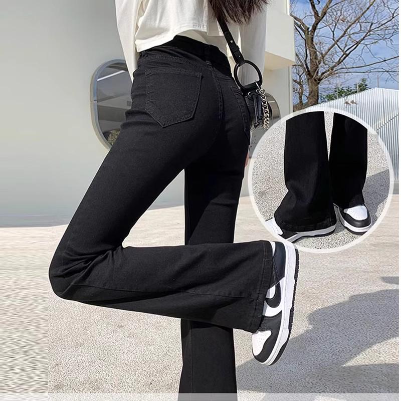 Spring 2025 Women's High-Waisted Black Micro-Flare Jeans - Slimming Stretch Flared Korean-Style Pants