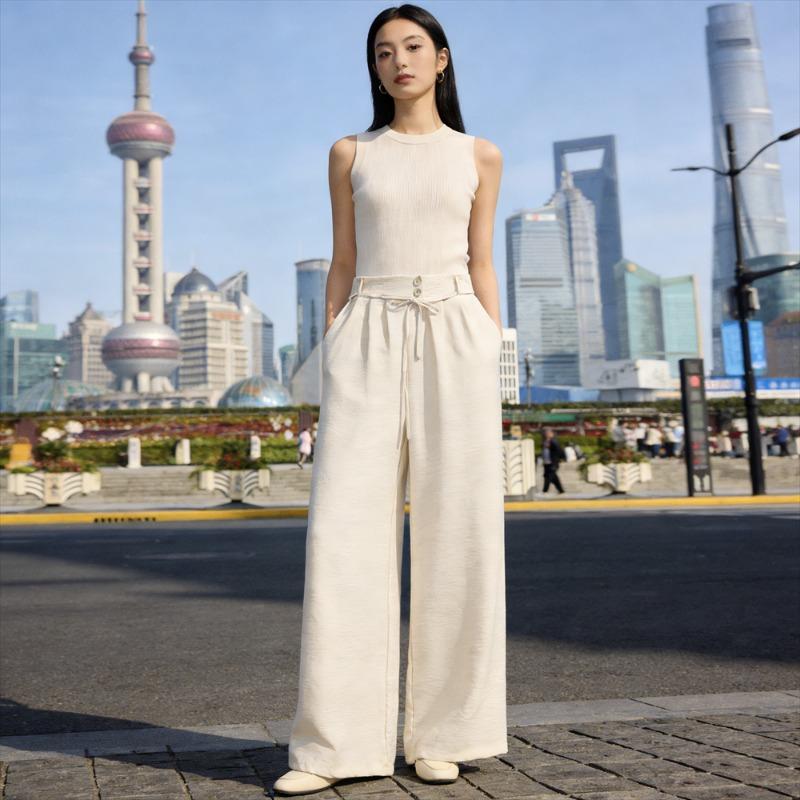 Casual Loose Lace-up Women's Wide-leg Pants Spring Summer Solid Color Elastic Waist Sweatpants Lace-up Trouser Women's Casual Simple Clothing