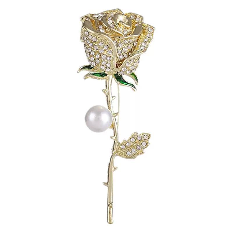 New Hot-selling Alloy Fashion Full Diamond Pearl Rose Brooch High-end Niche Brooch Pin Suit Versatile Accessories