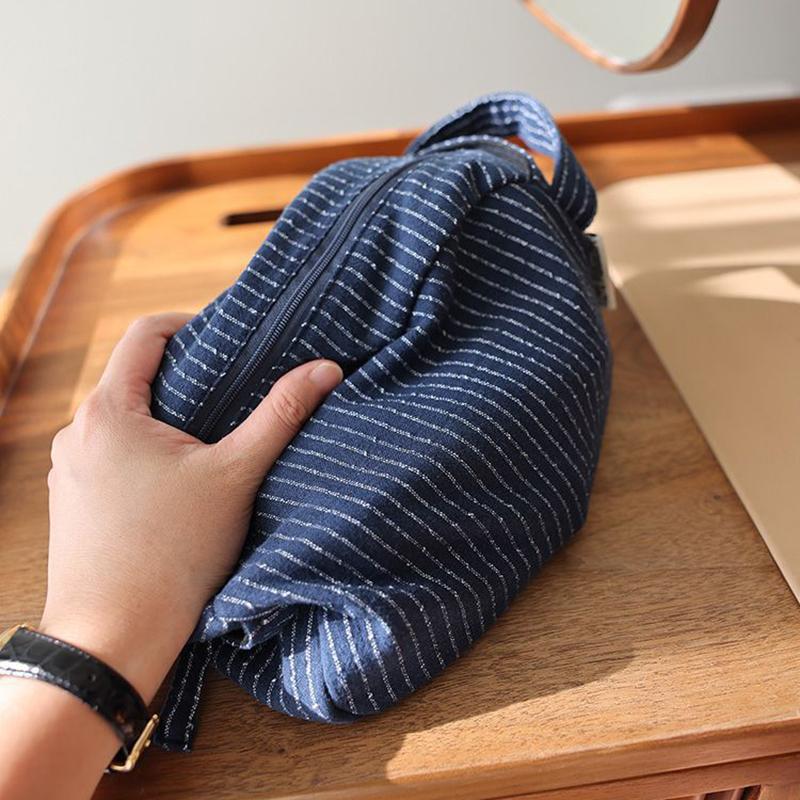 Klassische gestreifte tragbare Kosmetiktasche mit großem Fassungsvermögen aus Baumwollleinenstoff, dunkler Reißverschluss, Reise-Aufbewahrungstasche für Hautpflege