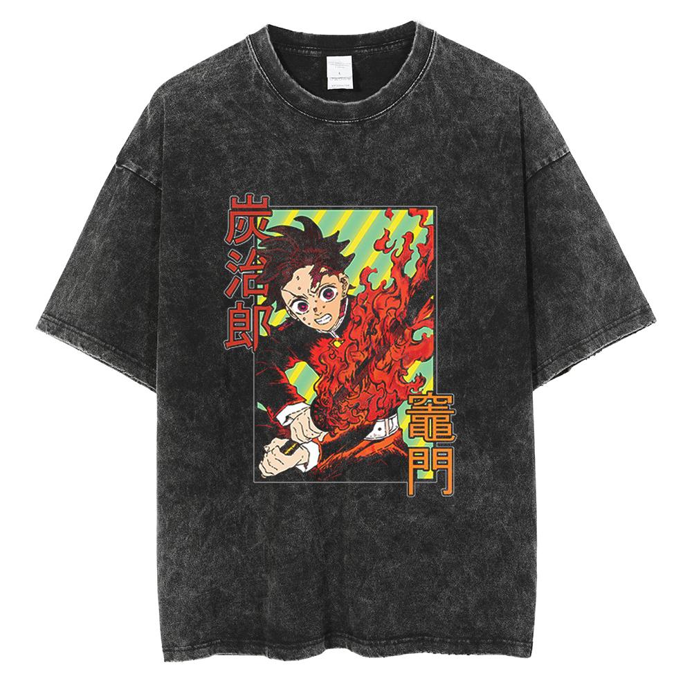 Anime Demon Slayer Rengoku Kyoujurou Print T Shirt Men Women Washed Cotton Tshirts Manga Tee Harajuku Male Casual Loose T-shirt