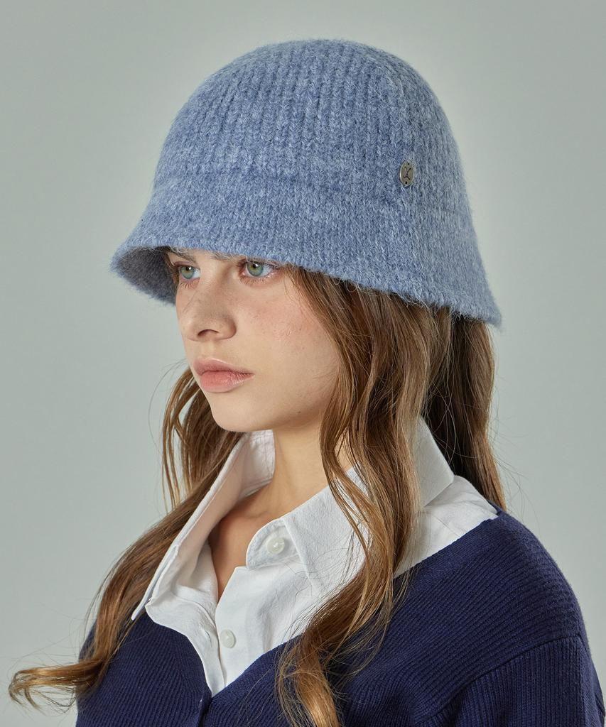 Bajal Va Curved Oval Metal Washed Knit Bucket Hat Soft Blue