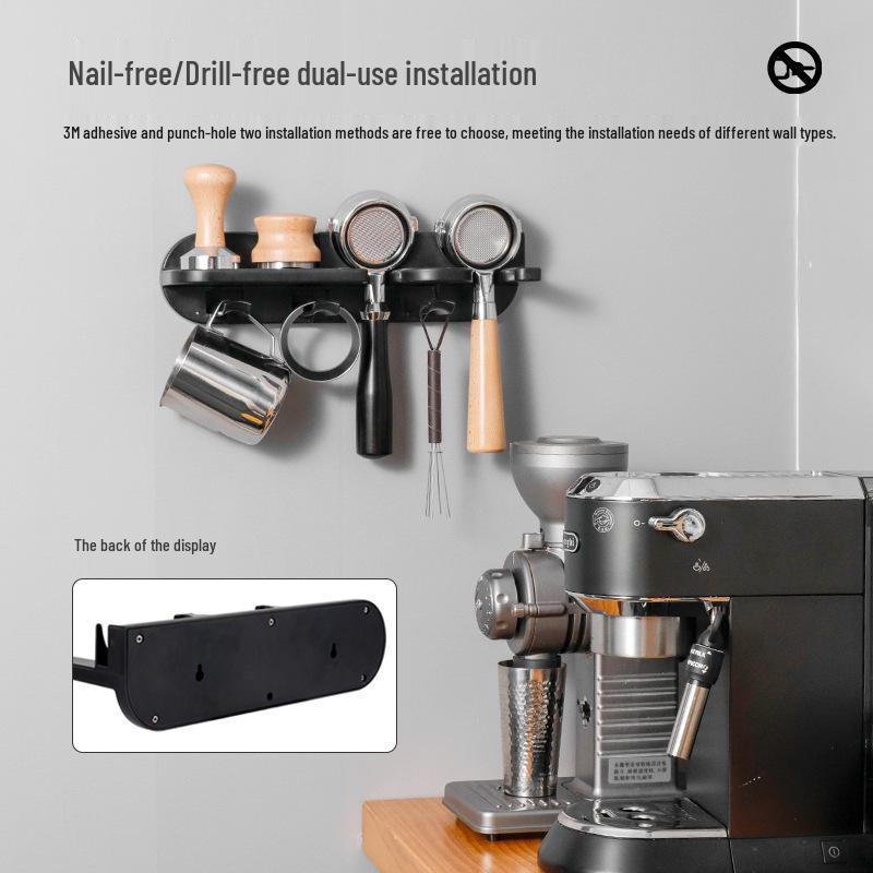 Wall-Mounted Coffee Accessory Organizer with Tamper Holder & Hammer Bar