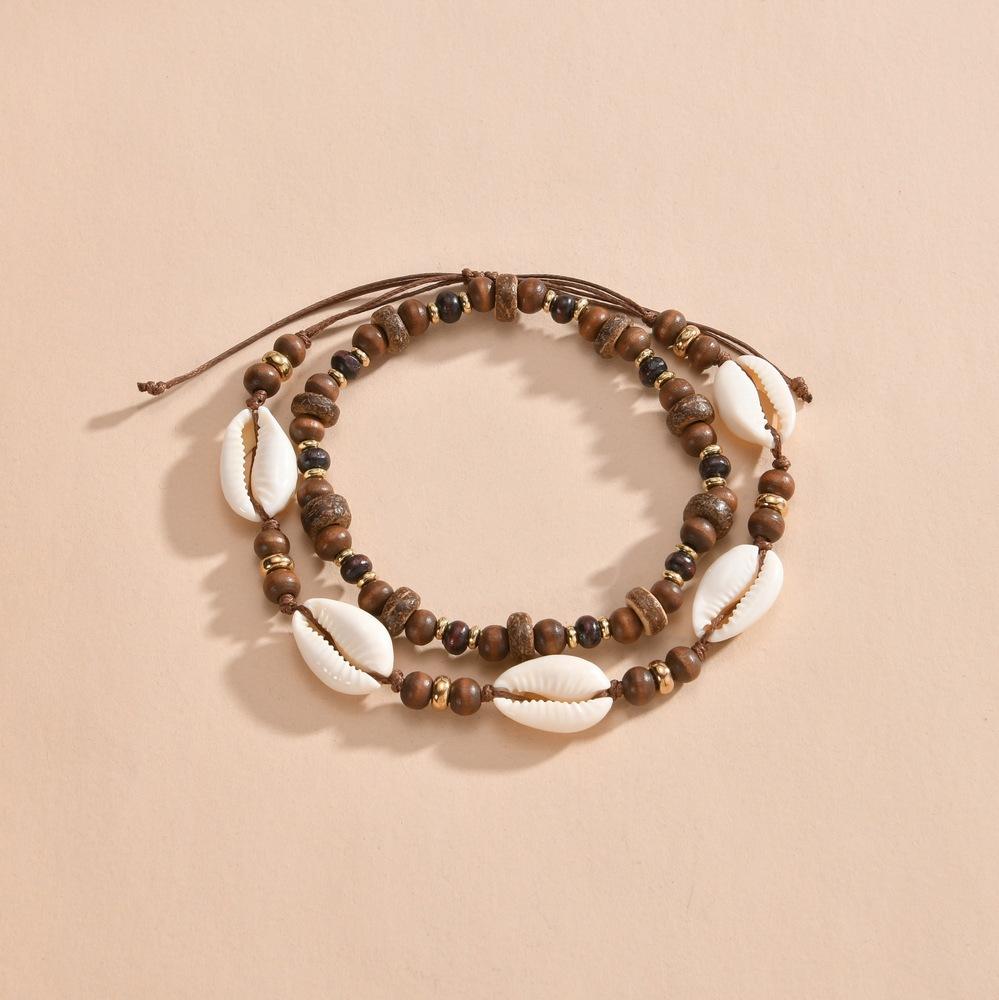 2-piece Bohemian style shell woven wooden beaded women's anklet set