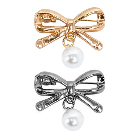 Brooch Pin Pin, Bow Shape Alloy Lapel with Imitation Pearl, Everyday Wear Electroplating Anti-Oxidation Badge for Coats Shirts Bags Daily Accessories
