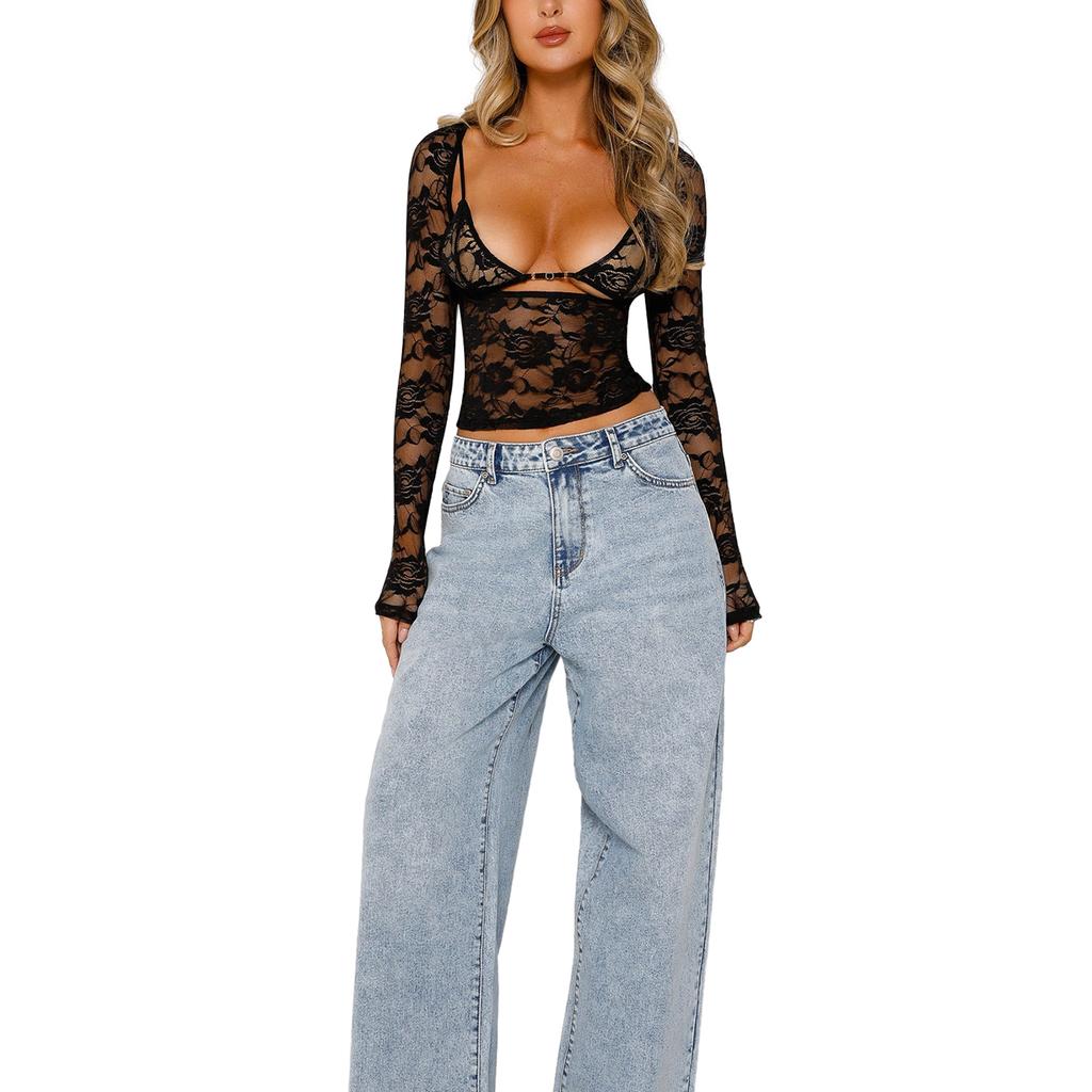 Women Floral Lace Tops Low Cut Sheer Long Sleeve Pullovers Fitted Crop Shirt with Bra Summer Streetwear Clubwear