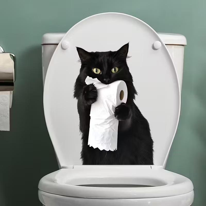 Funny Black Cat Toilet Sticker Self Adhesive Waterproof Bathroom Toilet Paper Decor