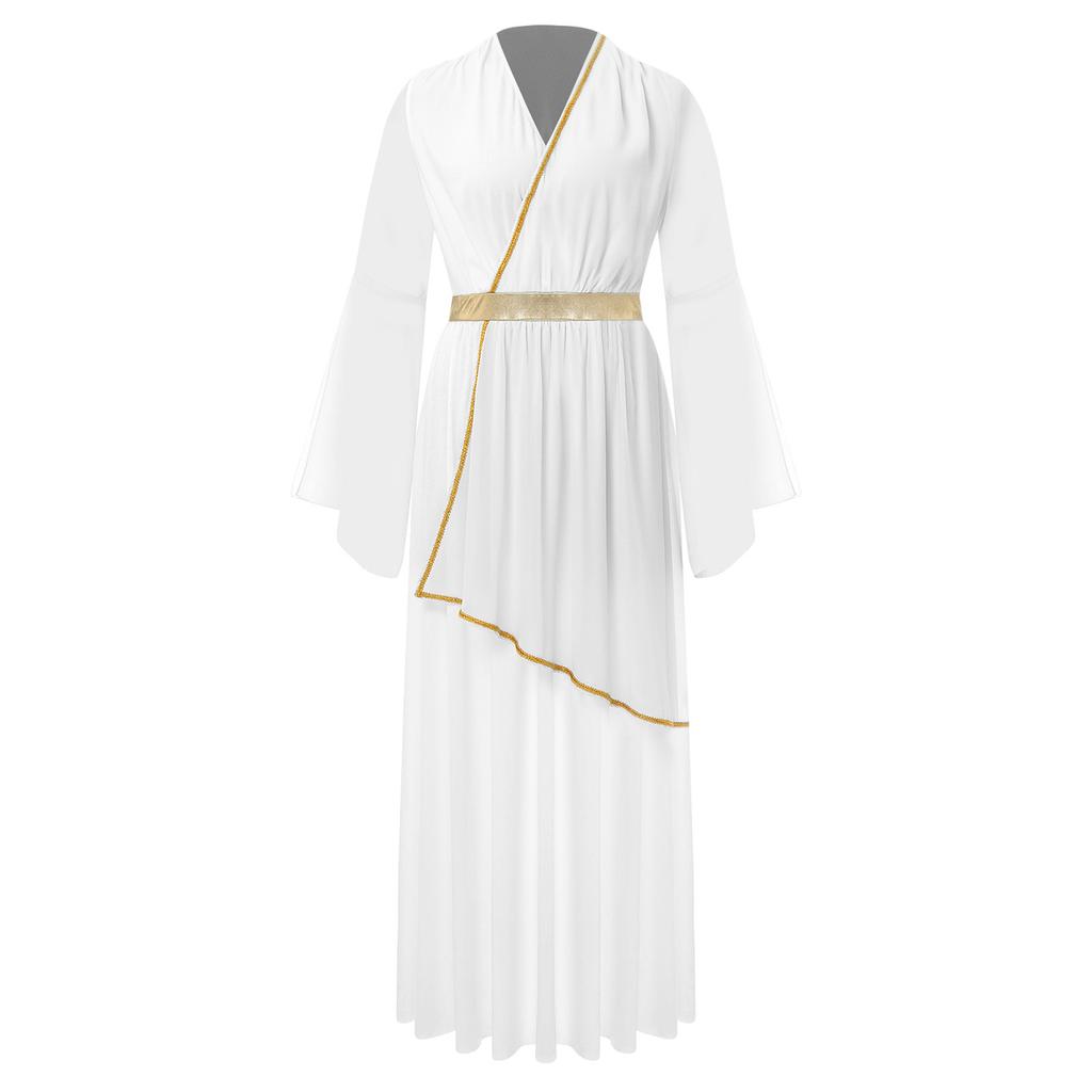 Womens Greek Costume Roman Queen Princess Ancient Toga Gown V Neck Long Sleeve Contrast Fancy Dress