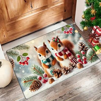 Weihnachten Eichhörnchen Willkommensmatte Rutschfester Bodenteppich Schlafzimmer Küche Türmatte Innen- und Außenteppich Heimdekorationsteppich