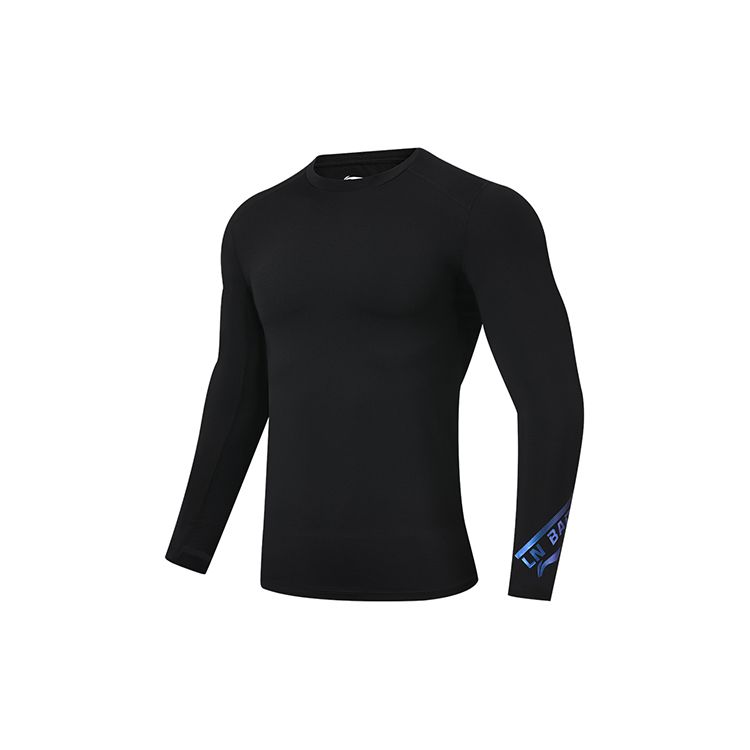 Li Ning Badminton Series Solid Color Logo Sports Long Sleeve Fitness Shirt Men tops Black AUDR101-3