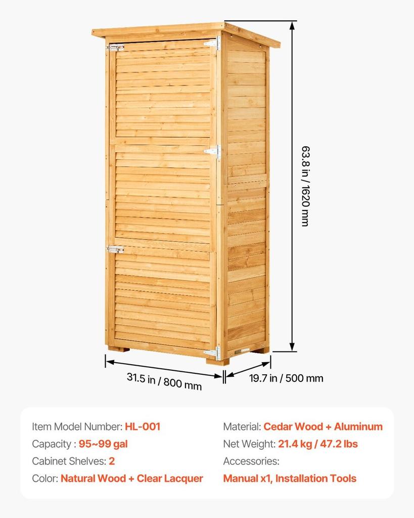 Outdoor Wooden Storage Shed Waterproof Garden Tool Shed 31.5x63.8 Inch