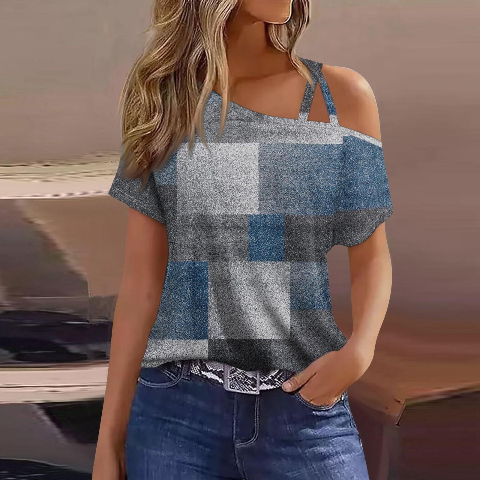 

Женская модная повседневная футболка с принтом, сексуальная футболка с короткими рукавами и открытыми плечами, топ L синий