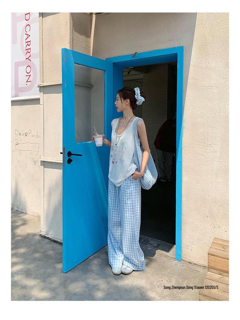 Song Zhengen Women’s High Waist Light Blue Plaid Wide-Leg Summer Pants