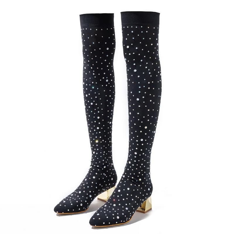 Women Sexy Black Stretch Fabric Thick Heel Long Boots Rhinestone Slim Leg Over The Knee Boots for Office Nightclub Party Banquet 35 чёрный 4190₽