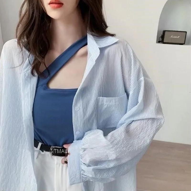Yazlık Kadın Güneşten Koruyucu Giysi Şeffaf Çizgili Gömlek Oversize Bol Uzun Kollu Kore Güneşten Koruyucu Bluz Cep Tatlı Üstler