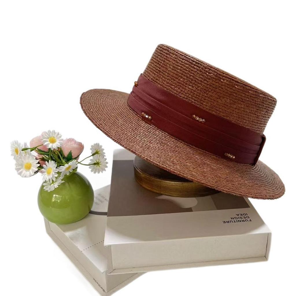 Dale Lafite Hat Women'S Sunscreen Flat Top Straw Hat French Pearl Sun Hat Uv Protection Sun Hat