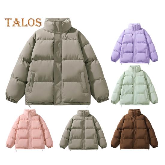 Men Cotton Coat Stand Collar Long Sleeve Solid Color Zipper Placket Quilted Jacket Drawstring Hem Thickened Loose Fit Outwear