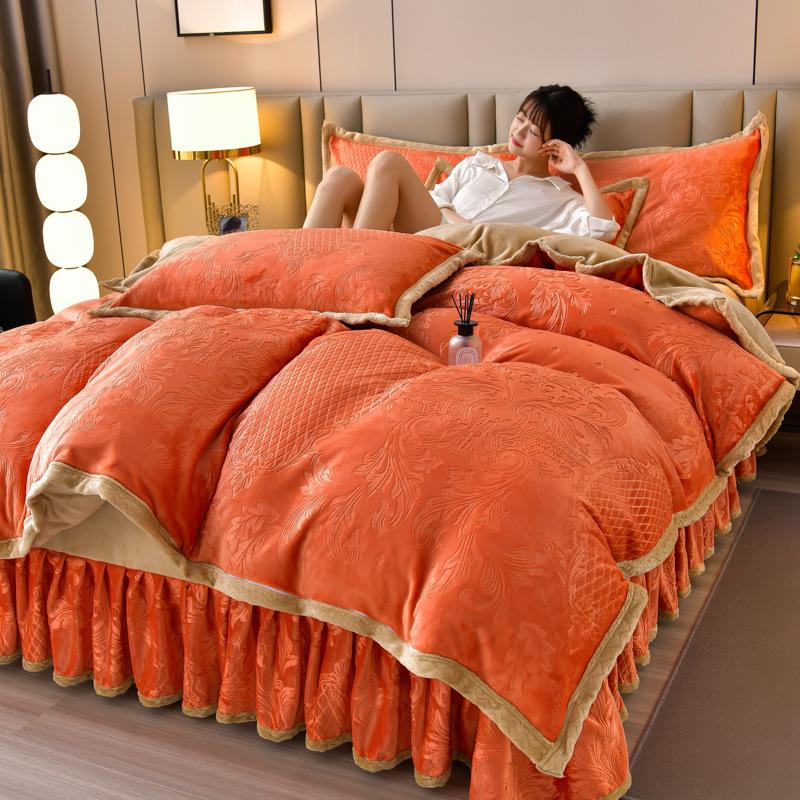 Class A Maternal And Infant Grade High-Gram Carved Fleece Milk Fleece Bed Skirt4-Pcs Set, Winter Double-Sided Fleece Quilt Cover