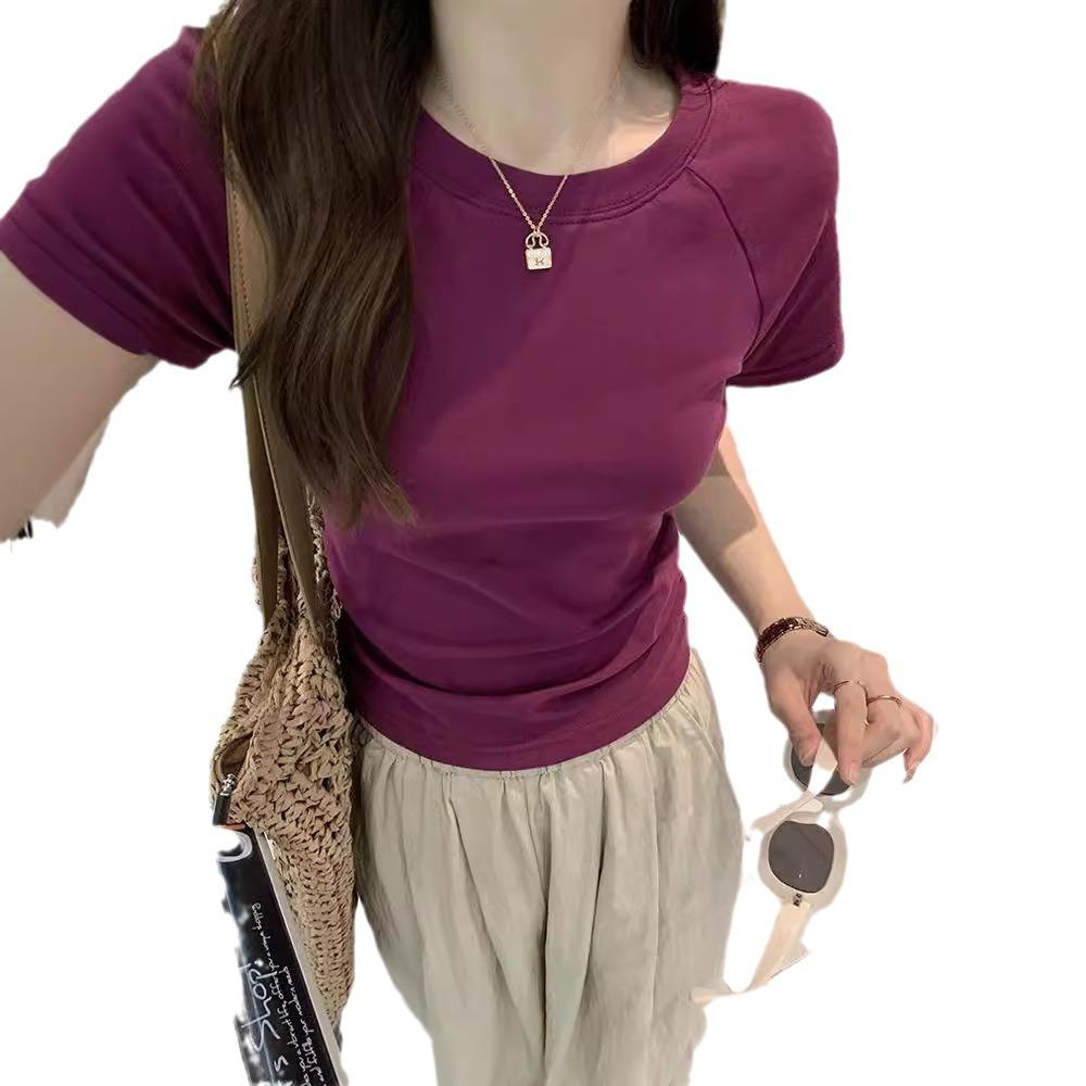 Purple Spice Girl scheming short T-shirt spring back hollow design sense slim fold waist short sleeve top women