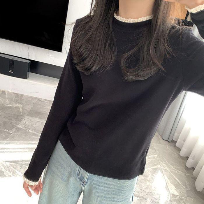 Women's Lace Splice Half-High Collar Base Shirt, Autumn/Winter, De Rong Fleece, Double-Sided Brushed, Slim-Fit, Long-Sleeve Top.