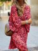 Abito boho casual estivo da donna con stampa floreale, maniche a sbuffo, vita alta, abiti da spiaggia midi
