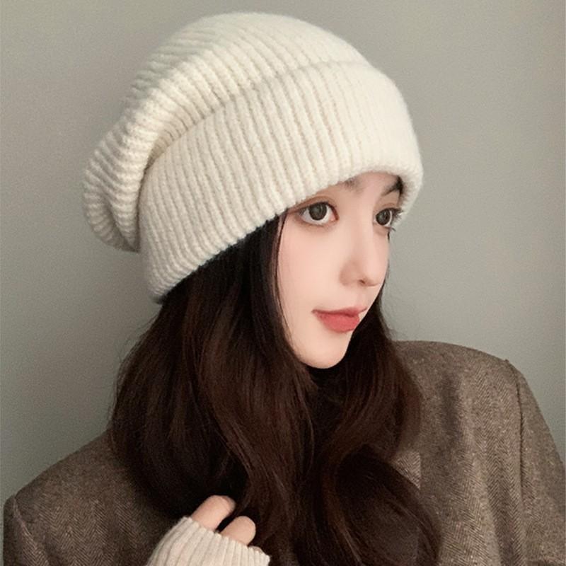 Winter Warm Knitted Hat Women's Big Head Circumference Stacking Hat Elastic Ear Protection Hat Autumn and Winter Wool Hat Cold Hat