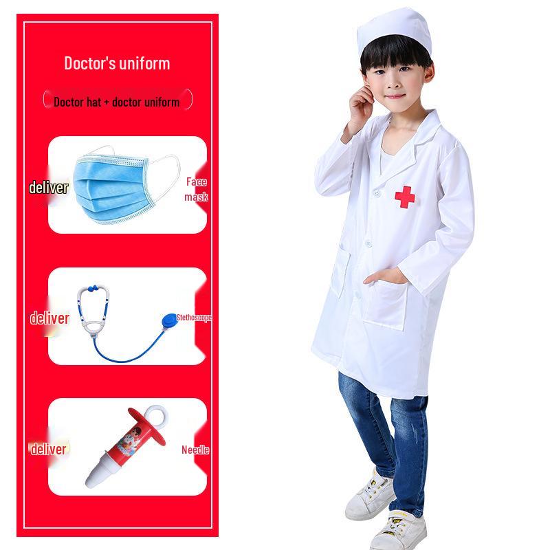 Children's Long Sleeve White Lab Coat Costume for Doctor or Nurse Role Play