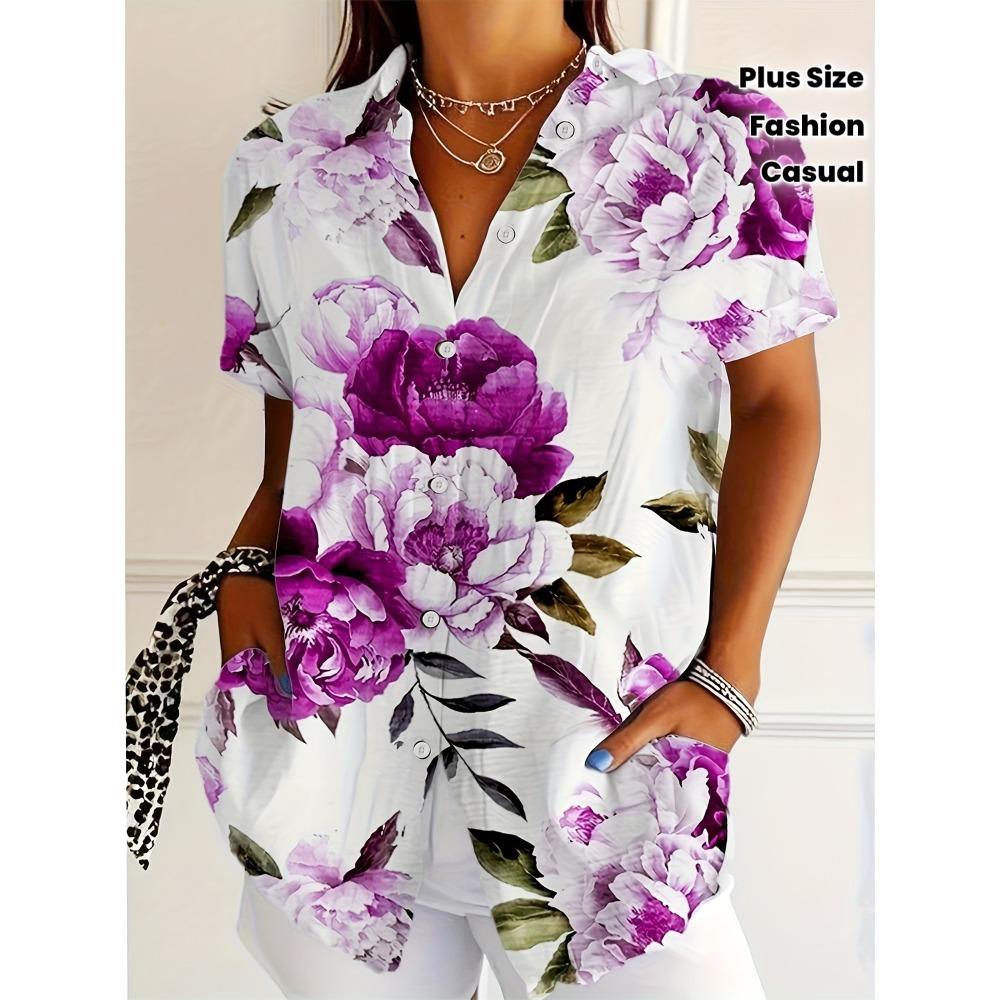 Plus Size, Casual Fashion Floral Art Print Women s Plus Size Open Front Collared Shirt S
