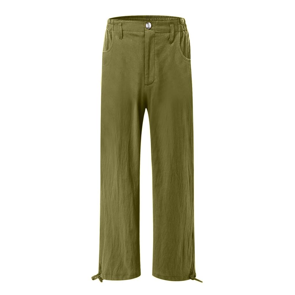 Summer Cotton Linen Wide Leg Pants Women Loose Palazzo Pant Pocket Elastic Waist Button Casual Pants