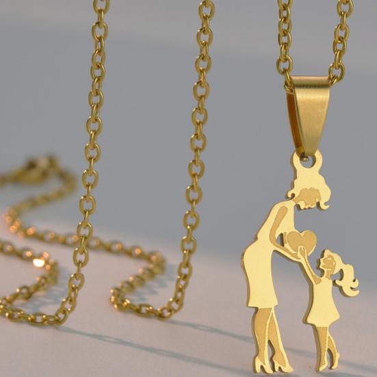 Women Necklace Golden Adjustable Slim Mother's Day Gift Stainless Steel Mom Daughter Love Heart Pendant Necklace Festival Supplies