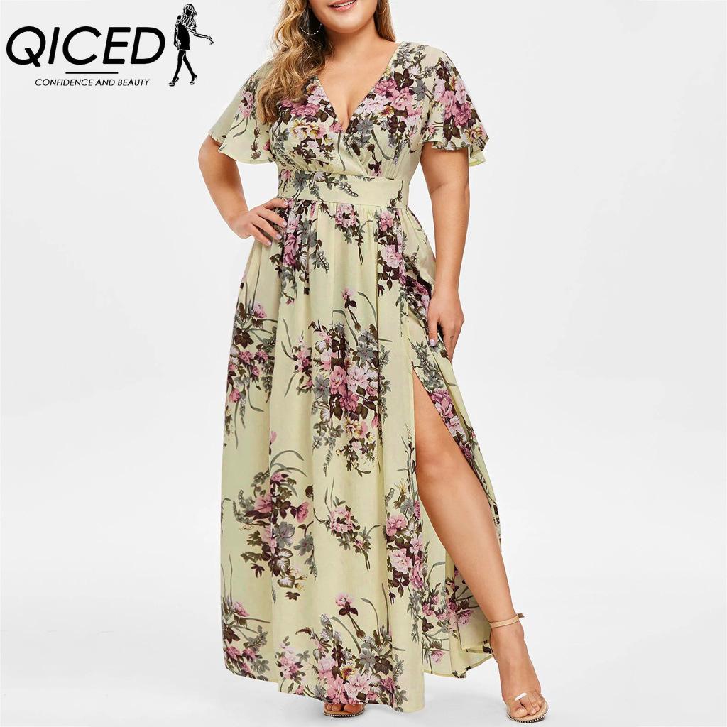 QICED L-5XL Dame Mote Sommer Vår Kortermet V-hals Hverdags Kjoler