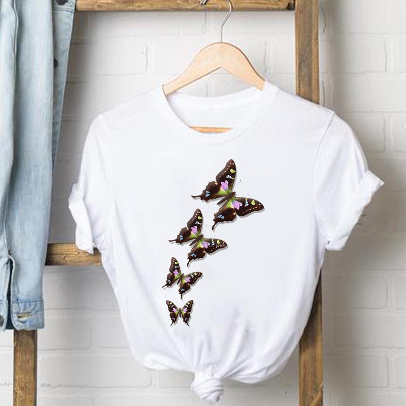 Kläder Fritidströja Kortärmad Söt fjäril Trend Söt T-shirt med tryck för kvinnor Sommarmode T-shirt Dam Kvinnlig Grafisk T-shirt