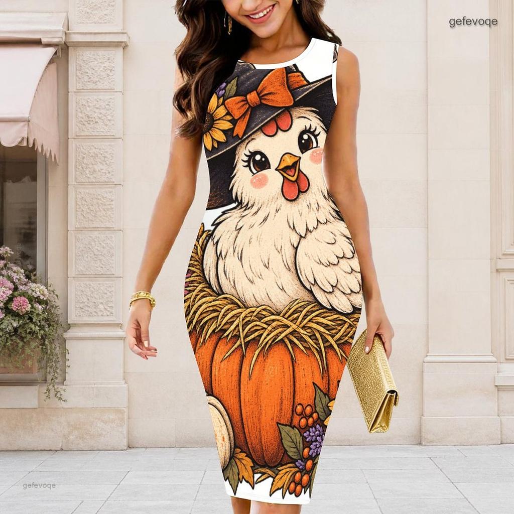 Women Plus Size Round Neck Sleeveless Halloween Ghost Print White Bodycon Midi Dress