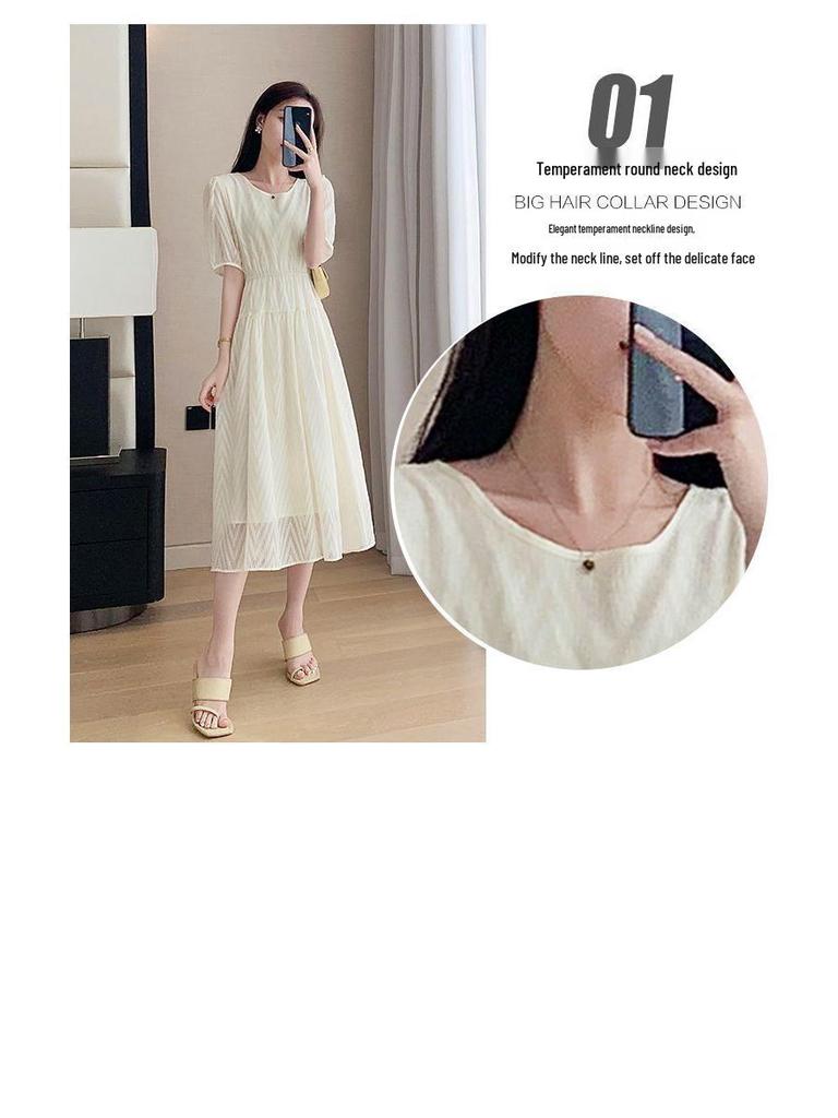 Elegant Mid-Length Chiffon Dress - Summer 2025, Round Neck, Slimming, Flattering Fit
