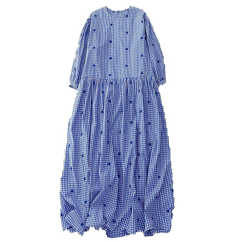 Blue round neck embroidered cotton and linen dress women's 2025 spring and summer new loose casual fine plaid seven-quarter sleeve long dress