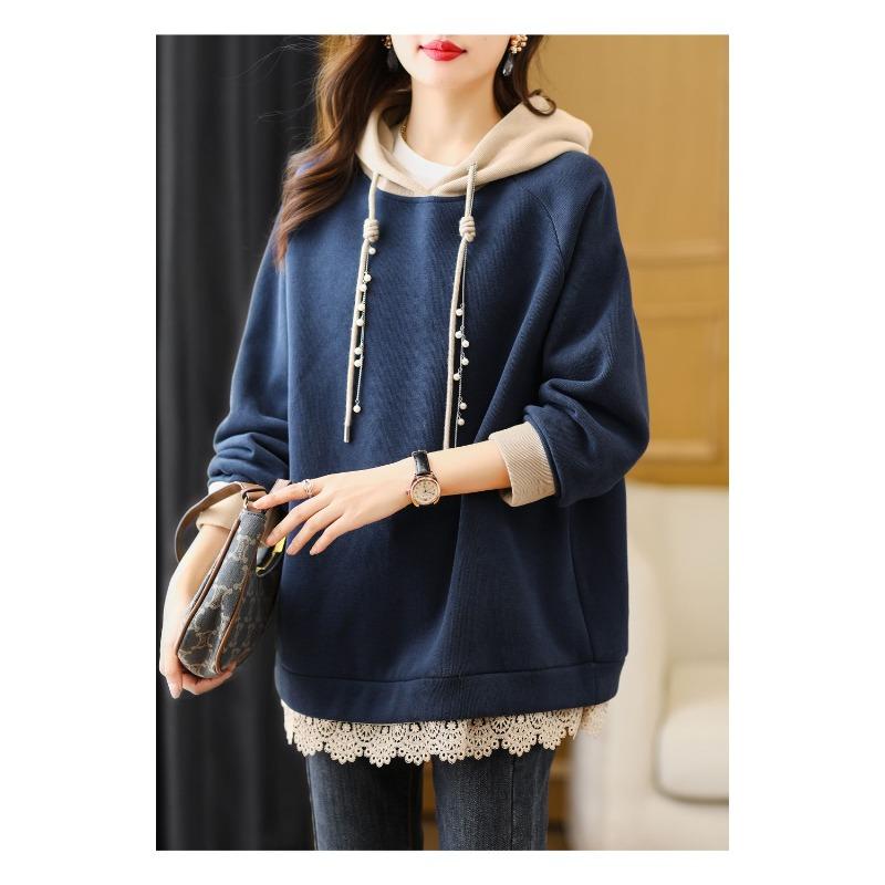 Spring Autumn Womens Hooded Sweatshirt European Style Color Block Loose Fit Long Sleeve Jacket