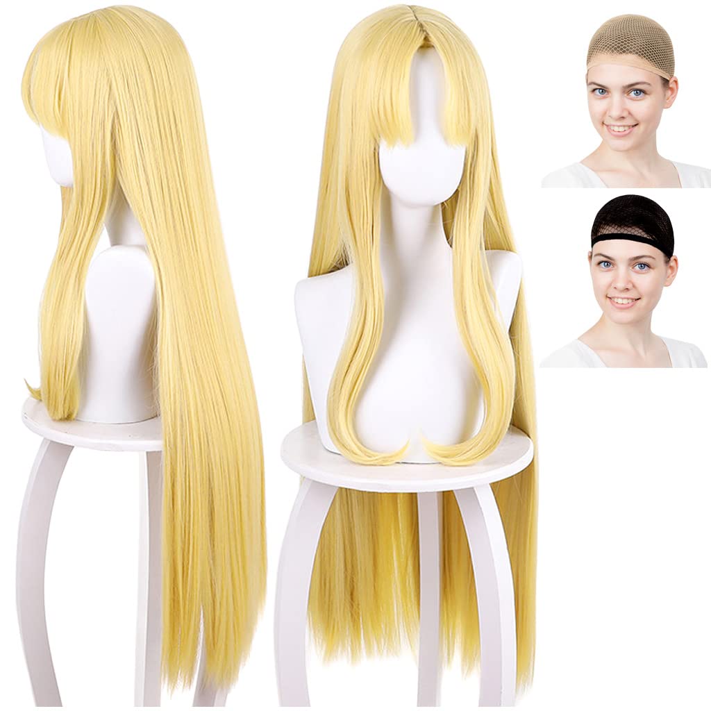 CaseEden Cosplay Wig, Long, 90cm, Center Part, Heat Resistant, Gold Blonde, Includes 2 Wig Nets