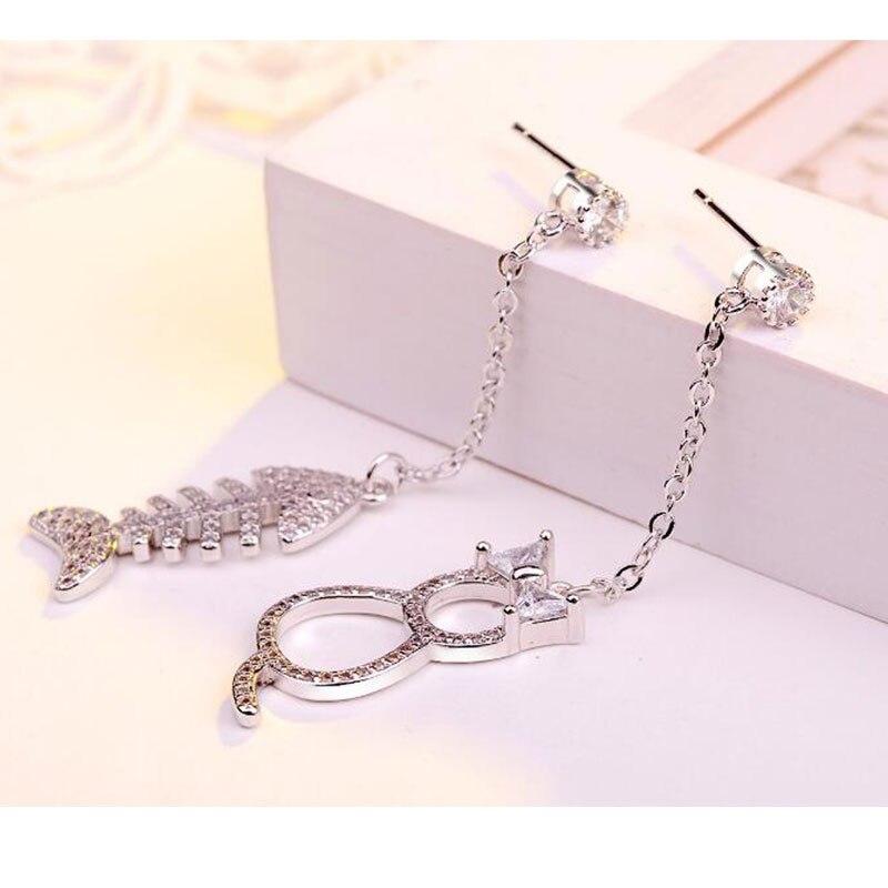 925 Sterling Silver Cute Asymmetric Mosaic Zirconia Cat Fish Long Tassel Earrings for Women Statement Jewelry S-E390
