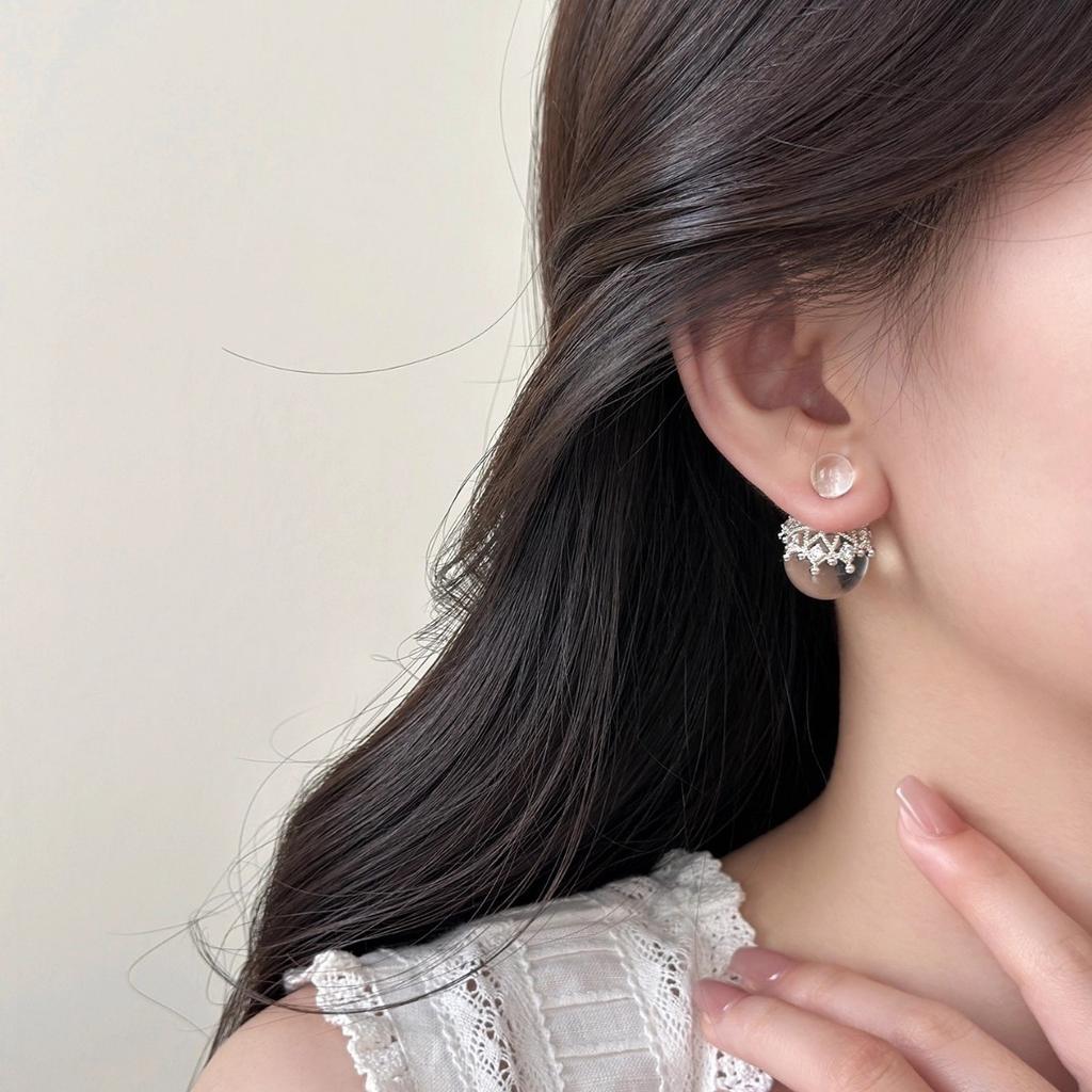 Front And Rear Two Wearing Crown Ball Earrings Women'S Earrings Light Luxury High-End Earrings Stud Earrings Niche Unique