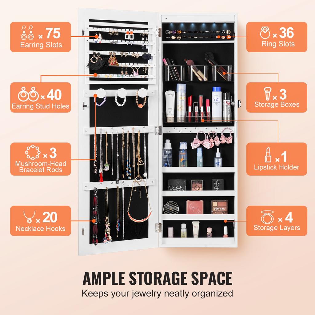 VEVOR Mirror Jewelry Cabinet, 42.52-Inch Tall Lockable Jewelry Cabinet Armoire with Full-Length Mirror