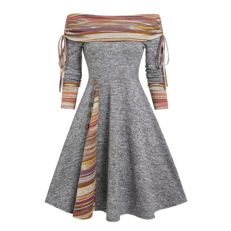 Høst Vinter Mote Kvinner Vintage Kjoler Klær Løs Midje Bred Sving Ett Skulder Langermet Kjole for Kvinner