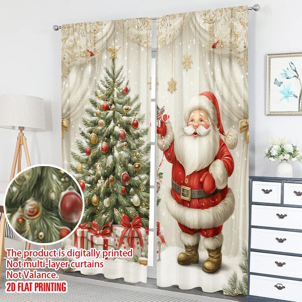 Set Of 2 Flat Printing Christmas Hot Party Curtains Santa Claus Gifts Snowflakes Digital Printed Polyester Drapes Curtain