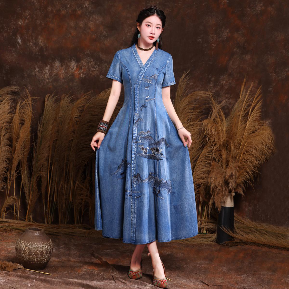 

Johnature летнее женское модное ковбойское повседневное платье в китайском стиле с v-образным вырезом винтажное платье с короткими рукавами M светло-синий