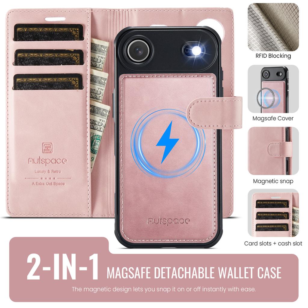 2-in-1 Magnetic Magnetic Detachable Wallet Case for iPhone 17/17 Pro/17 Max/17 Air - PU Leather, Card Slots, MagSafe Charging, 360° Protection