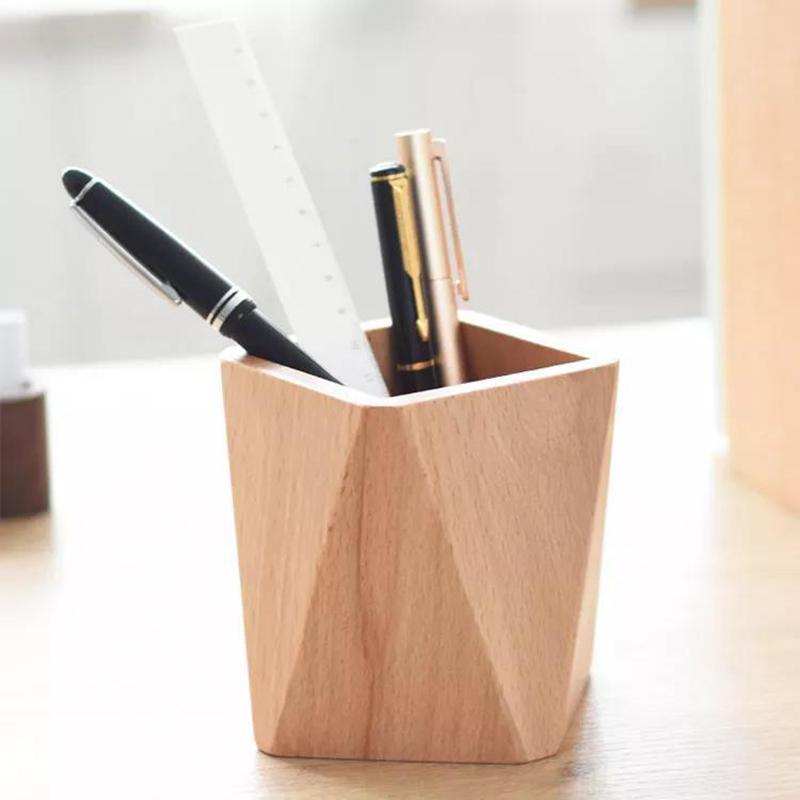 Walnut Geometric Lines Desktop Storage Pen Holders Large Capacity Pen Holder Box Nordic Style Business Pencil Organizer