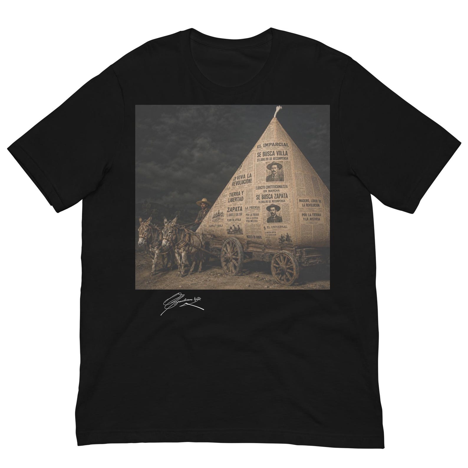 Pancho Villa Newspaper Wagon Shirt, Mexican Revolution T-Shirt, Emiliano Zapata Tee, Tierra y Libertad Historical Art S