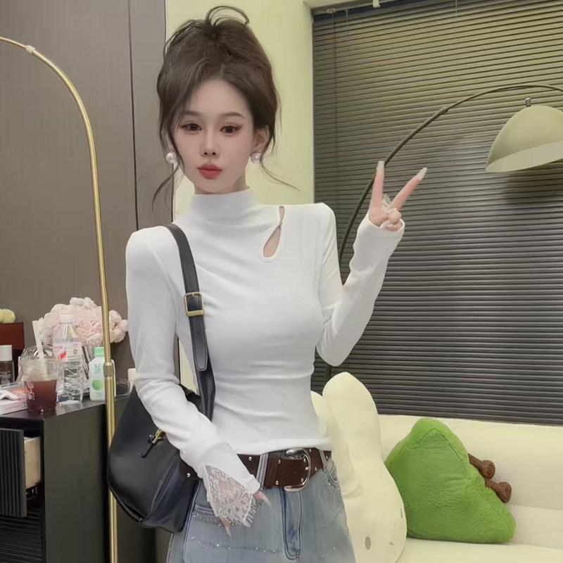 Damen Elegante Schlanke Passform Hoher Kragen Cut-Out Fleece Thermo-Unterhemd - Langarm Herbst/Winter Oberteil